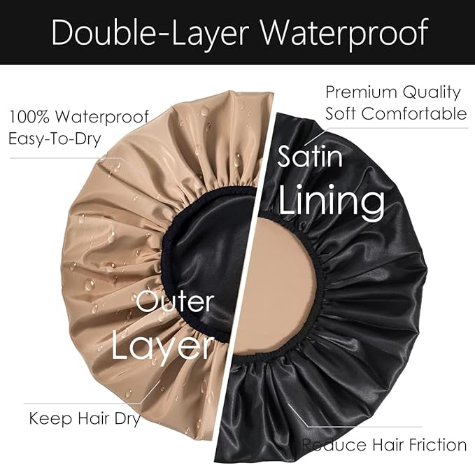 Auban Extra Large Shower Cap for Braids, Double-Layer Waterproof Reusable Satin Lining XL Shower Cap for Women Long Hair, Locs, perms (khaki)