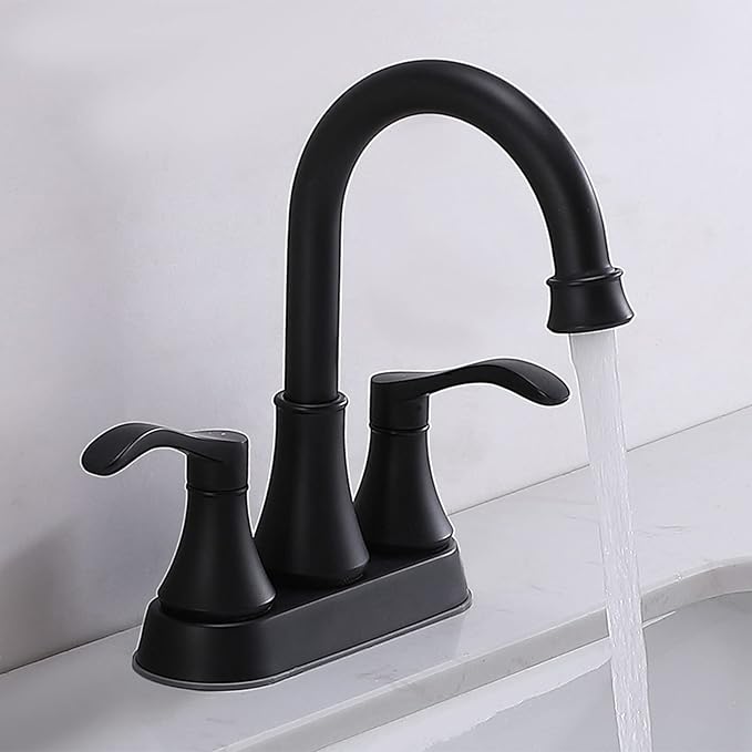 Matte Black Bathroom Sink Faucet, 2-Handle 4 Inch Centerset Lead-Free Modern Commercial, 360° Swivel High-Arc Spout Lavatory Vanity Faucets Set for Sink with Drain & Water Hoses, VALZST050B