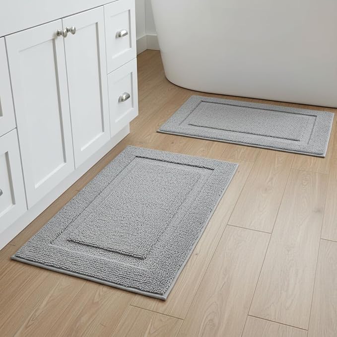 SHACOS Super Soft Bathroom Rugs Set of 2 Pieces 20x32 + 16x24 inch Non Slip Washable Bath Rugs Absorbent Bath Mats Microfiber Plush Rug for Bathroom Shower Tub, Light Grey