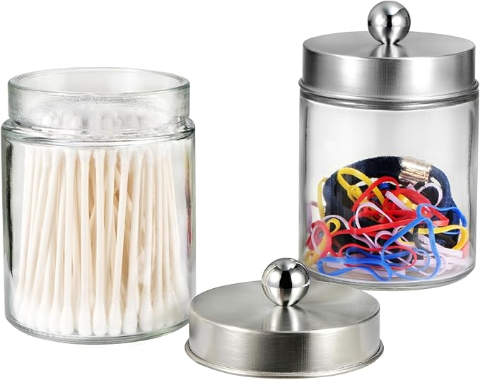SheeChung 3-Pack Brushed Nickel Glass Apothecary Jars - Rust-Proof Stainless Steel Qtip Holder Set - Farmhouse Bathroom Vanity Organizer for Cotton Swabs, Balls, Pads - Small Storage Canisters