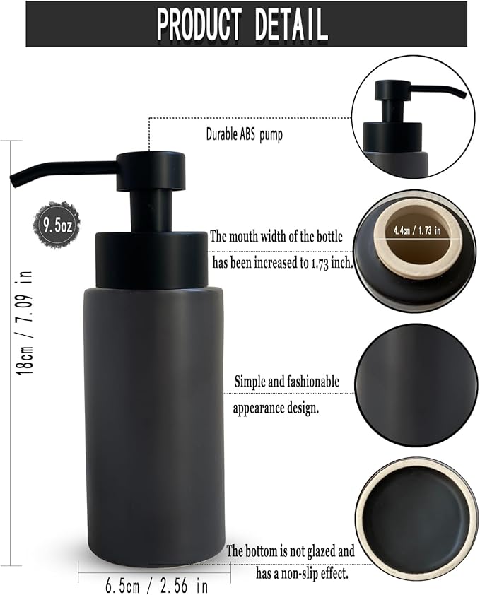9.5 Oz Foaming Soap Dispenser for Bathroom,Kitchen Foam Soap Dispenser,Refillable Modern Foam Pump Bottle,Black Ceramic Foaming Hand Pump Dispenser (Black)