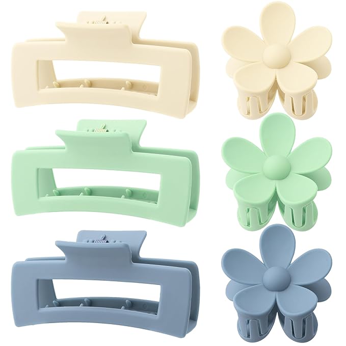 6 Pack Large Claw Clips for Women, Square & Flower Hair Clips for Thick Hair, Matte green & blue Colors