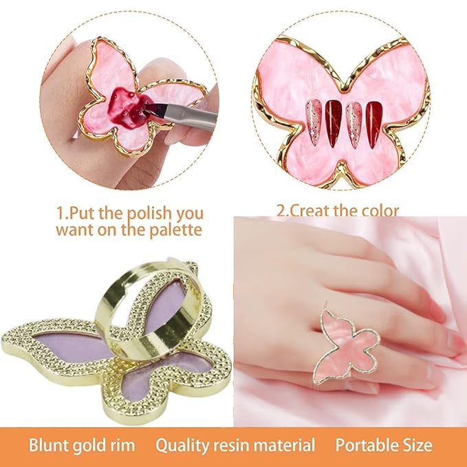 AKOAK Adjustable Mini Nail Ring Tray, Resin Nail Art Gel Makeup Plate Palette, Ring Gel Polishing Mixing Tray DIY Color Plate Nail Art Polishing Paint Plate (Butterfly, 2Pcs)