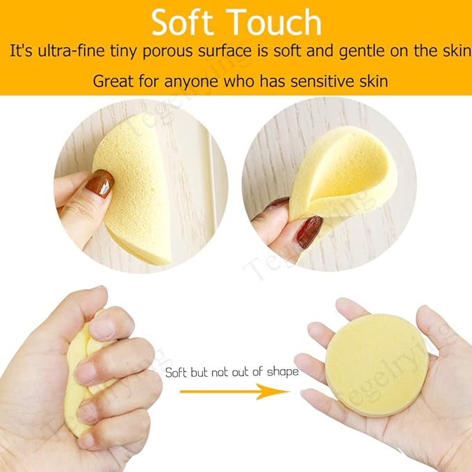 Facial Sponge Compressed,60 Pcs PVA Professional Makeup Removal Wash Round Face Sponges Spa Pads Exfoliating Cleansing for Women,Yellow,Pink,Blue,Purple