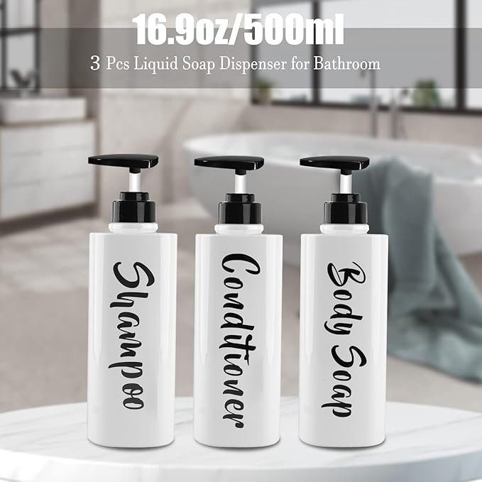 16.9oz Shampoo and Conditioner Dispenser Set of 3-Printed Shower Soap Dispenser Plastic Shampoo Bottles Refillable with Pump - Shampoo Conditioner Body Wash Dispenser for Bathroom Shower Wall