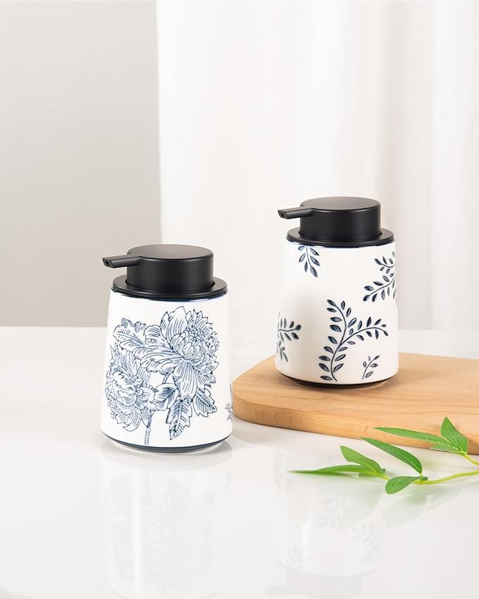 Hand Soap Dispenser for Bathroom, Ceramic Lotion Dispenser, Chinoiserie Bathroom Accessories, Blue and White Leaf