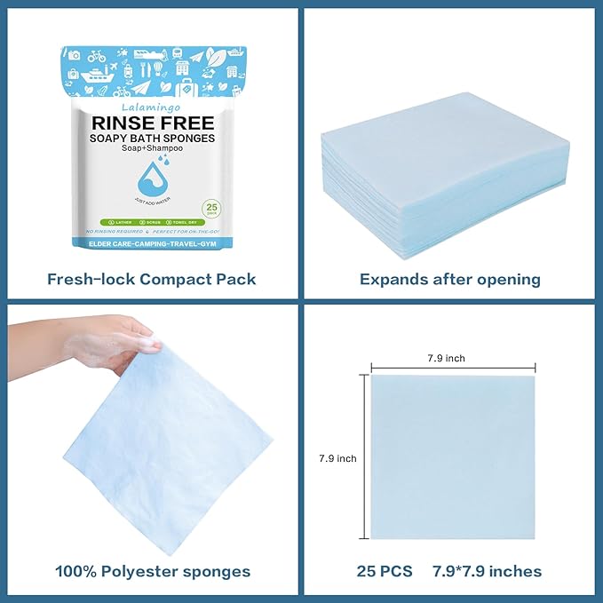8 Pack Disposable Rinse Free Bath Sponges, No Rinse Bathing Wipes for Adults, Soap Infused Dry Shower Wipes for Elderly, Bedridden, Camping, Post Surgery(200PCS)