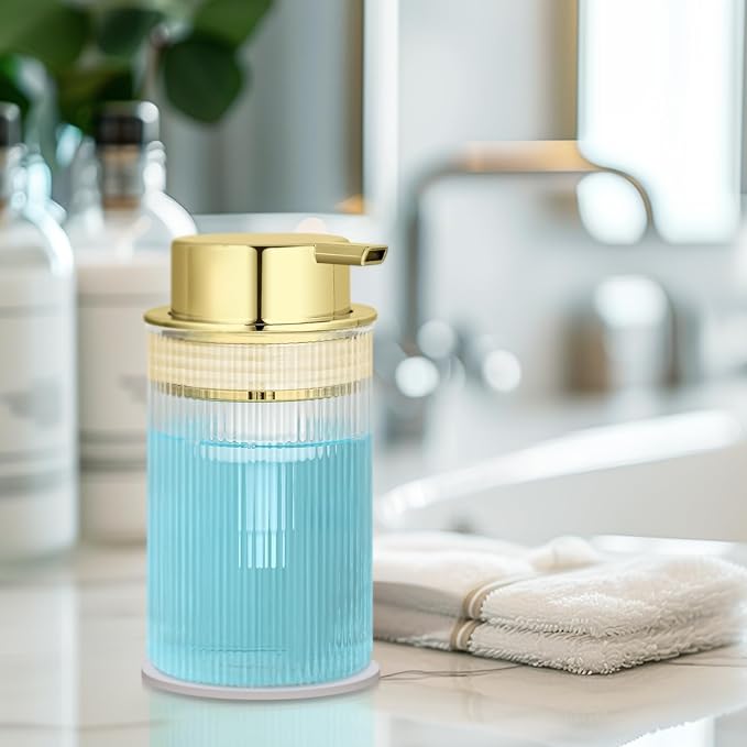 NiHome 14oz Multifunctional Glass Foaming Hand Soap Dispenser with Elegant Stripe Pattern, High-Capacity Easy to Refill for Home & Commercial Use, Advanced Foam Pump & Non-Slip Base (Gold)