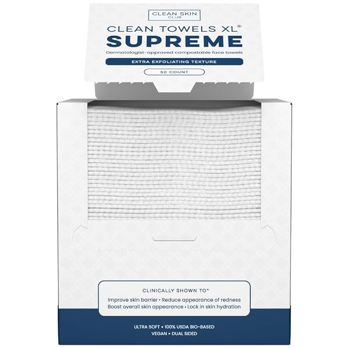 Clean Skin Club Clean Towels XL® Supreme, 100% USDA Biobased Face Towel, Disposable Face Towelette, Eczema Association Accepted, Thicker Textured Dry Wipes, Ultra Absorbent & Soft, 1 Pack, 50 Ct