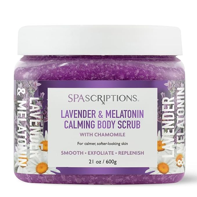 SpaScriptions Lavender & Melatonin Sugar Scrub - Calming Body Scrub Exfoliator With Chamomile, Ideal for Stress Relief & Nighttime Relaxation, Helps Support Smooth, Comfortable, & Balanced Skin, 21 oz