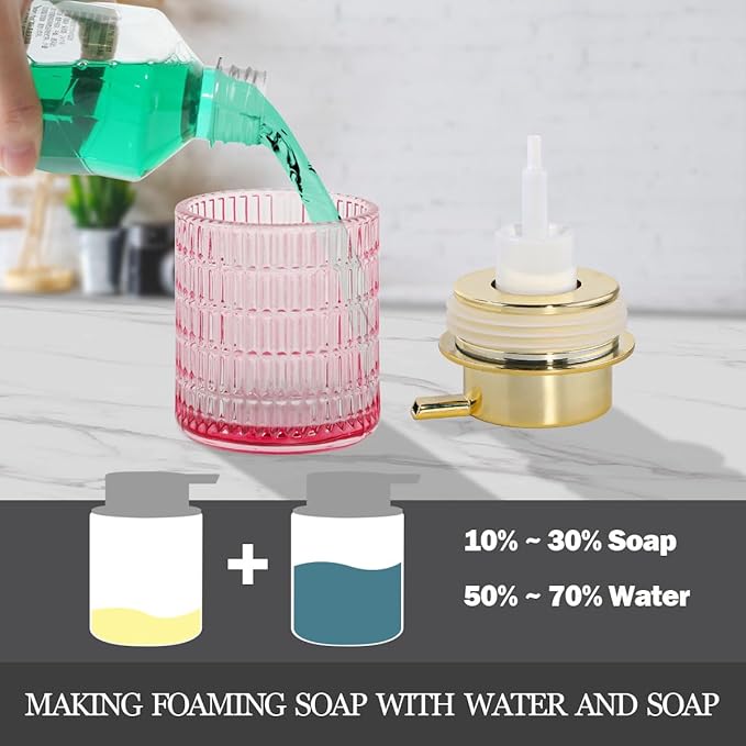 2pcs Foaming Soap Dispenser, Pink Glass Foam Soap Dispenser for Bathroom and Kitchen, 10 Oz Refillable Foaming Pump Bottle with Large Pump, Ribbed Bottle Container Decor