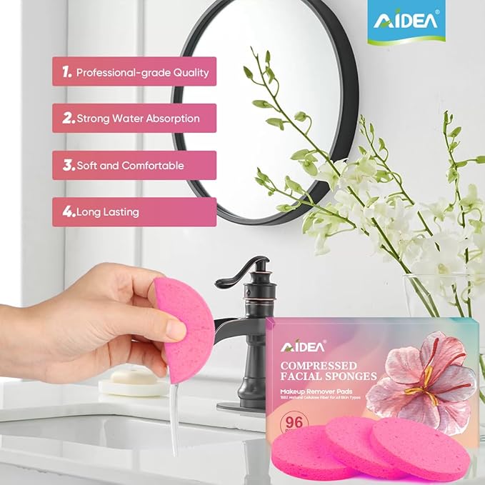 AIDEA 96Count Compressed Facial Sponges Pink, Round Face Sponges for Cleansing, Natural Cellulose Cosmetic Spa Sponges for Washing Face, Exfoliating, Makeup Removal, Travel Essentials for Women