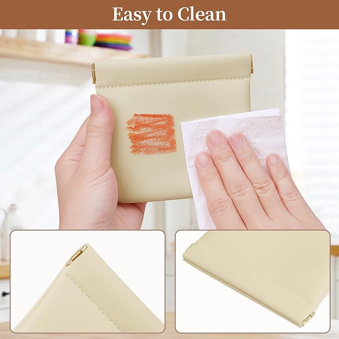 2 Pack Small Makeup Bag for Women, New Organosilicon Super Fiber PU Leather Mini Cosmetic Bag for Travel, Coin Purse Organizer Storage Pouch (No Phrase Printed, Beige)