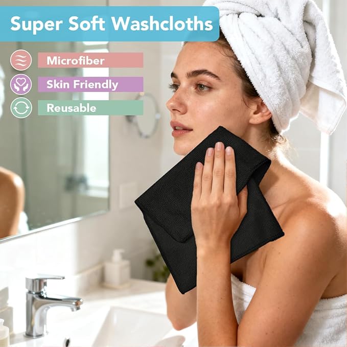 Orighty Washcloths, 20 Pack Microfiber Face Towels, Highly Absorbent and Soft Feel Wash Cloths & Hand Towels for Bathroom, Hotel, Spa, and Gym, 11.5x11.5 Inch, Black