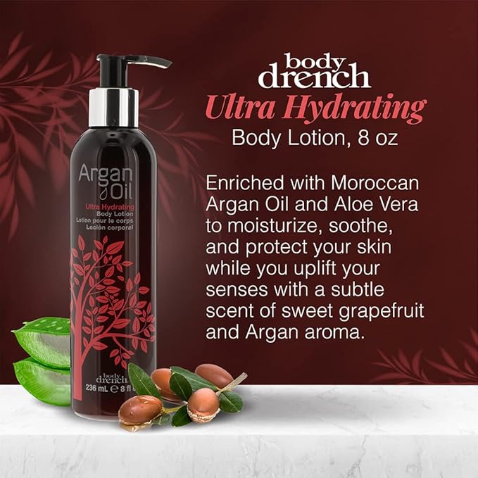 Body Drench Ultra Hydrating Argan Oil Body Lotion – Deep Moisturizing Body Lotion for Dry Skin with Moroccan Oil, Long Lasting Hydration, 8 fl oz