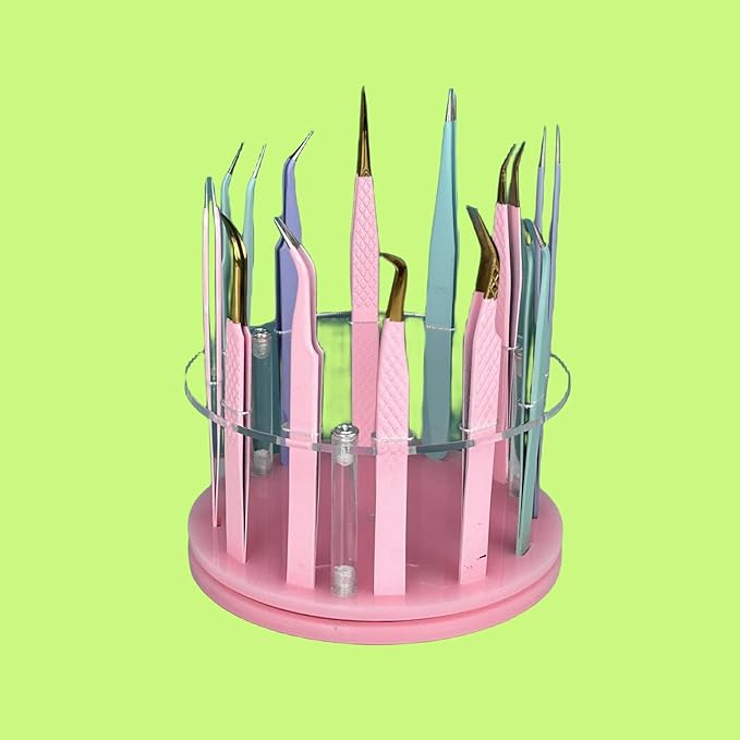 12 Holes Acrylic Rotatable Tweezers Holder, Eyelash Makeup Grafting Tweezer Display Stand Extensions Organizer Training Rack Beauty Tools (Pink)