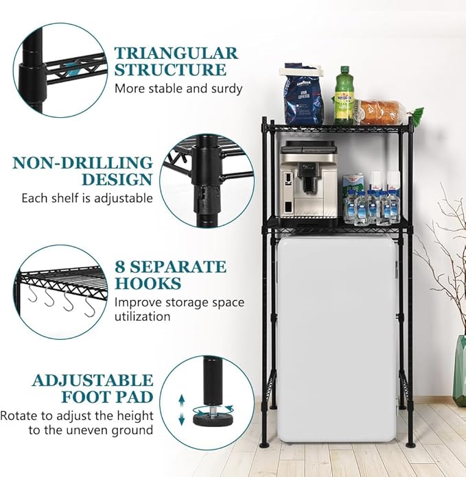 KELIXU Mini Fridge Shelf 2-Tier Metal Mini Fridge Stand with Storage, Adjustable Height Microwave Stand Multifunctional Rack for Dorm, Kitchens, Offices, Easy to Install, 52” H x 24” W x 18” D, Black