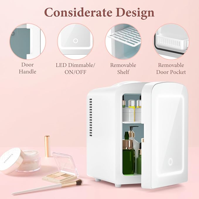 Xbeauty Skincare Mini Fridge With Dimmable LED Mirror, 4L Mini Makeup Refrigerator for SkinCare, Cosmetics, Food & Drinks, Portable Small Refrigerator for Bedroom, Dorm, Car, Office, White