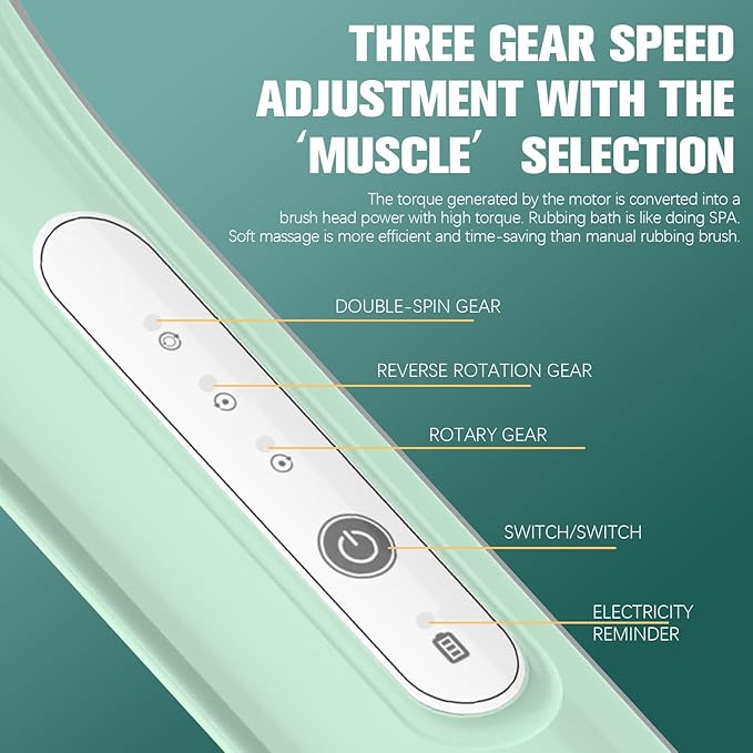 Electric Body Brush, Electric Body Scrubber, Long Handle Body wash applicator, Silicone Back Brush, 6 Shower Brush Heads ，for Cleaning, Massage and Exfoliation (Light Green)