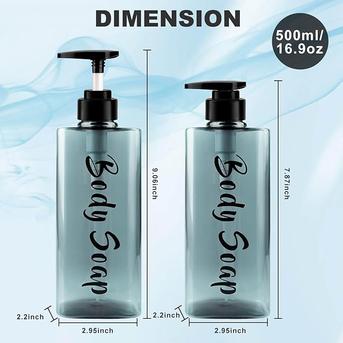 16.9oz Shampoo Dispenser for Shower (3 Pack) - Refillable Shampoo and Conditioner Bottles with Pump, Empty Clear Blue Plastic Body Wash Container Set, Printed Shower Soap Dispensers for Bathroom