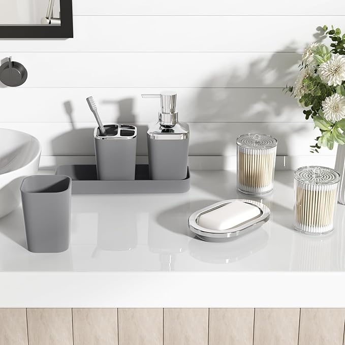Grey Bathroom Accessories Set, Bathroom Sets with Shower Curtain and Rugs, Trash Can, Tray, Soap Dispenser, Soap Dish, Toothbrush Holder, Toothbrush Cup,Toilet Brush and Qtip Holders for Home