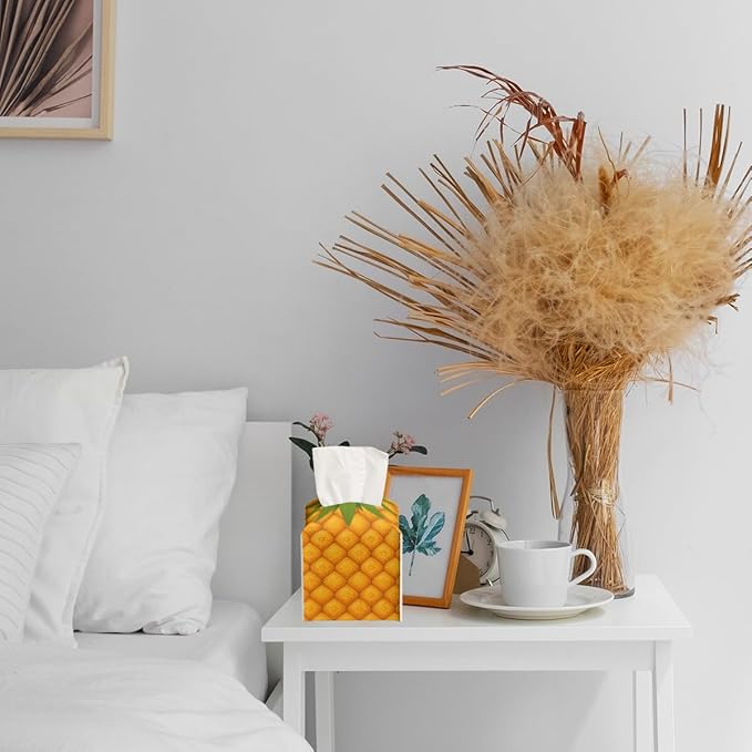Funny Fruit Tissue Box Cover Summer Cute Yellow Pineapple Leather Tissue Box Holder Square Facial Paper Organizer Dispenser for Car Bathroom Bedroom Office Tabletop Decor