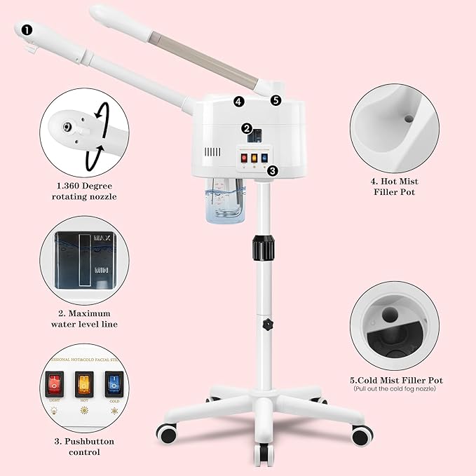 Facial Steamer, 2 in 1 Face Steamer with Cold & Hot Mist, Professional Facial Steamer with Timer Function, Stand Face Steamer Adjustable Height for Spa, Salon and at Home use