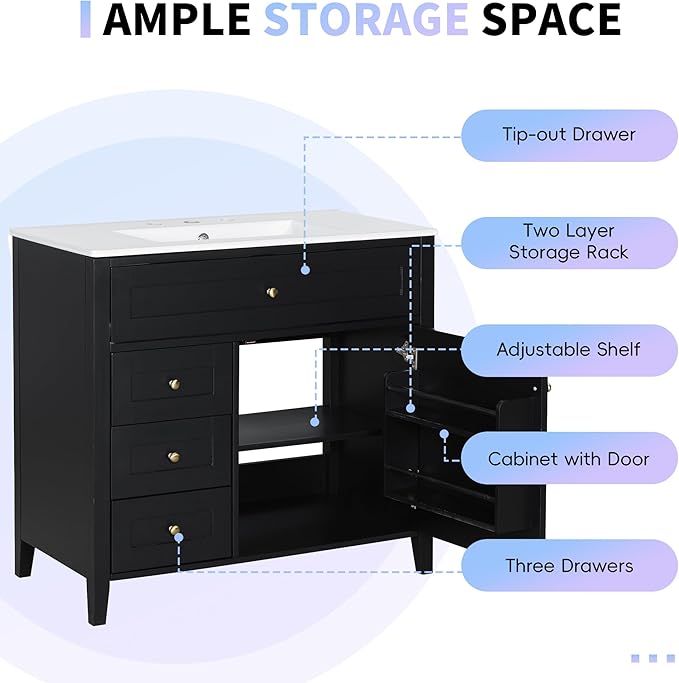 Harper & Bright Designs 36" Bathroom Vanity with Sink, Free Standing Vanity Set with 4 Drawers, Storage Racks, and Adjustable Shelf, Wood Bathroom Cabinet with Ceramic Basin for Bathroom, Black