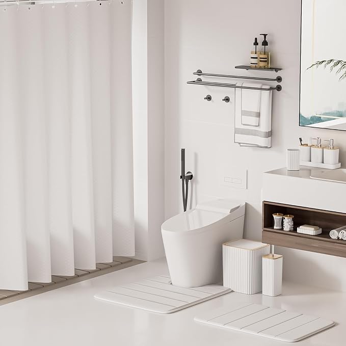 Bathroom Set - 25PC White Bathroom Set with Shower Curtain and Rugs, Bathroom Accessories Set, White Shower Curtain Set with Bathroom Trash Can