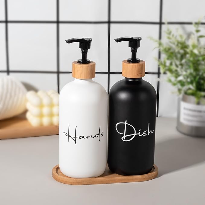 17 oz Hand Soap Dispenser Empty Glass Lotion Pump Bottles, Refillable Liquid Dish Soap Bottles for Bathroom, Kitchen Sink, Black + White, 2 Pack