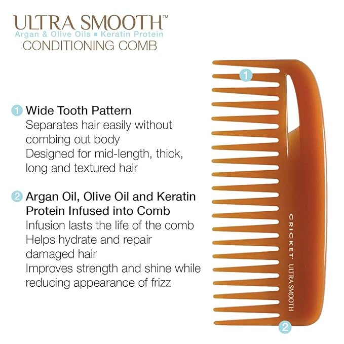 Cricket Ultra Smooth Hair Conditioning Rake Comb with Wide-Tooth Comb Design - Hair Comb Made with Argan Oil, Olive Oil, and Keratin - Ideal for Knot, Curly, Thick, and Frizzy Hair
