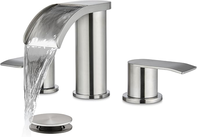 gotonovo Waterfall 8 inch Widespread Bathroom Faucet Set Bathroom Sink Faucet 3 Hole 2 Handle Vanity Lavatory Deck Mount with Pop Up Drain and Water Supply Lines Round Body Brushed Nickel