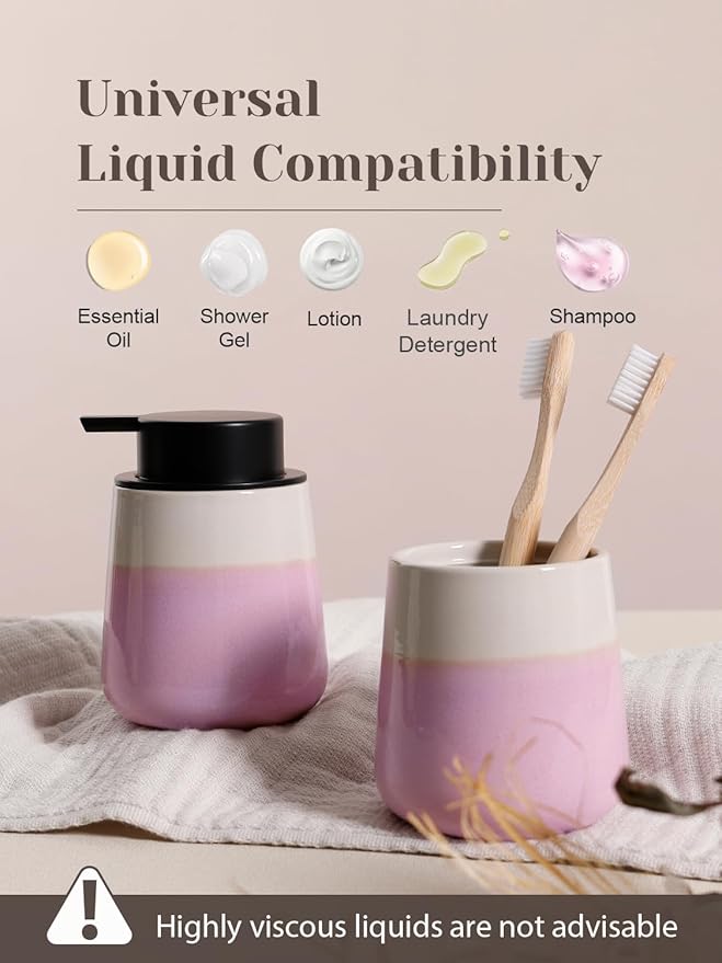 INGOFIN Ceramic Hand Soap Dispenser - 12 oz Liquid Lotion Dispenser Bathroom, Refillable Modern Dish Soap Dispenser with Pump for Kitchen, Beige and Pink