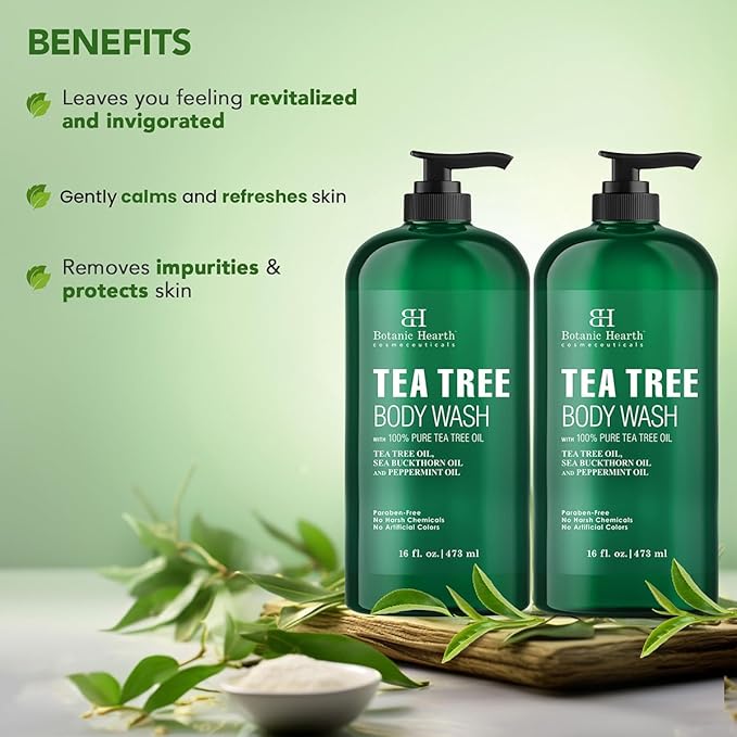 Botanic Hearth Tea Tree Body Wash 16 fl oz (2 Pack) Natural Antifungal & Odor Control Shower Gel for Acne, Athlete’s Foot, Ringworm, Jock Itch, Healthy Skin, Sulfate & Paraben Free, for Men & Women