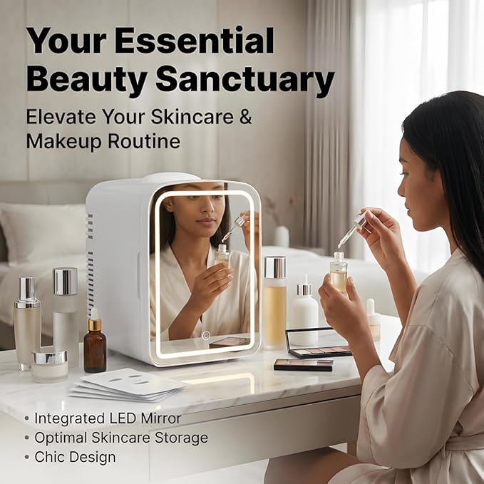 Lispin 4L Mini Skincare Fridge with Dimmable LED Mirror, Portable Beauty Refrigerator for Makeup, Cosmetic, Personal Small Refrigerator with Cooler and Warmer for Bedroom, Office and Car (White-4L)