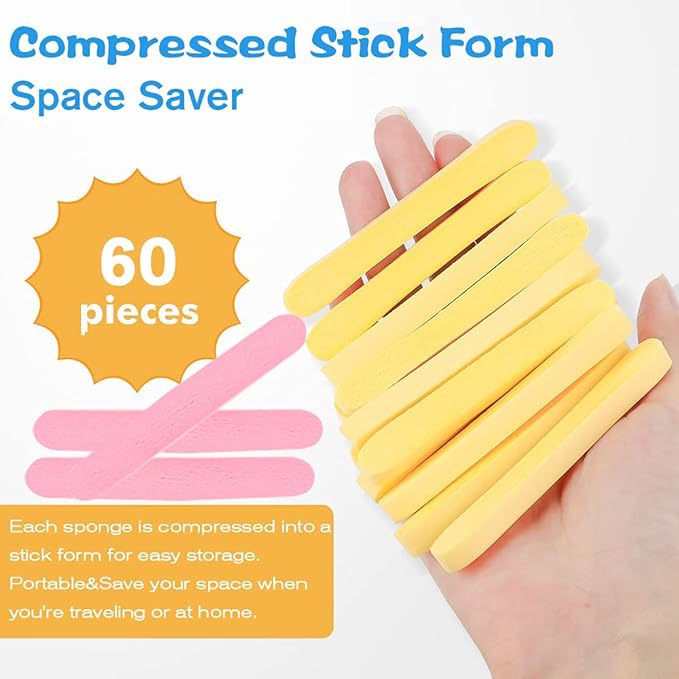 Facial Sponge Compressed,60 Pcs PVA Professional Makeup Removal Wash Round Face Sponges Spa Pads Exfoliating Cleansing for Women,Yellow,Pink