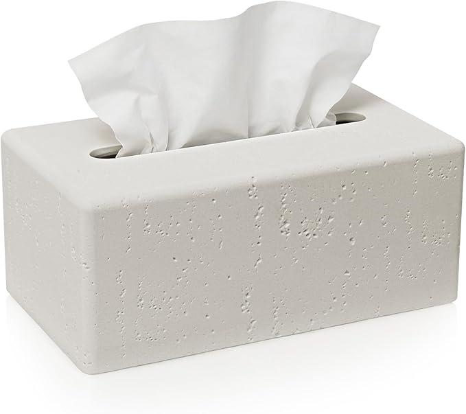 Tissue Box Cover Rectangle, Resin Decorative Facial Tissue Holder Covers Toilet Paper Holder Travertine Stone Look Paper Dispenser Home Decor for Bathroom Bedroom Living Room Office - Off White