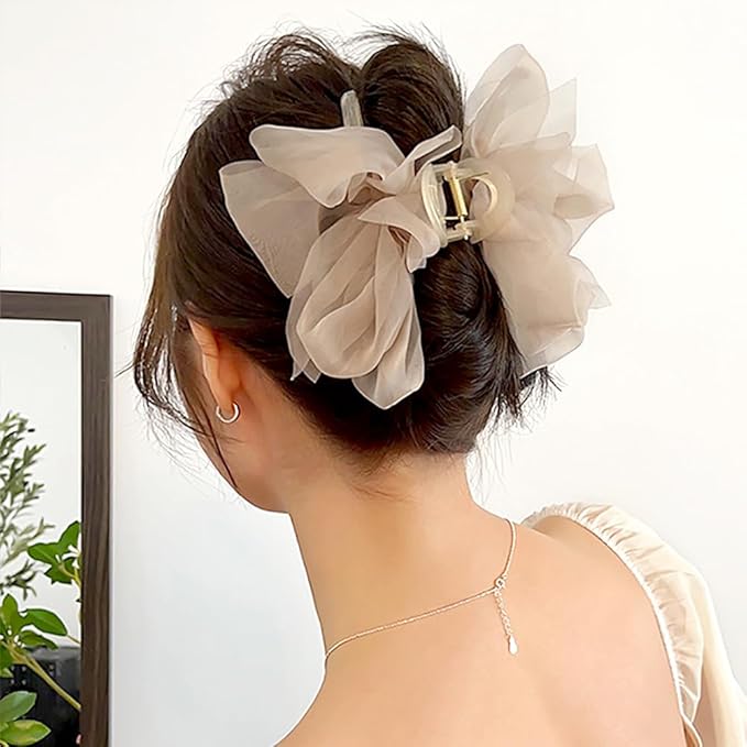 RUIYDZ Hair Clip, Light Coffee Chiffon Bowknot Hair Claw Clips for Thick Hair, Large Claw Clips for Women, Elegant Hairclips, Hair Accessories, Hair Clips for Girls