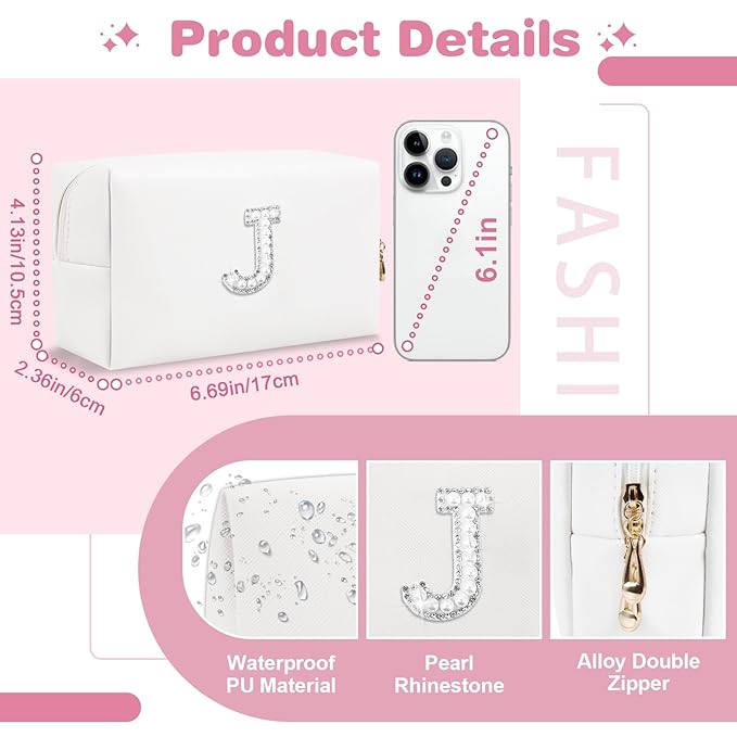 Bride Gifts – Personalized Initial Makeup Bag with Pearl Rhinestone Patch, Preppy White Monogram Cosmetic/Toiletry Pouch, bridesmaid Gifts, Bridal Shower Gifts, Wedding Gifts, Bridal Gifts,J
