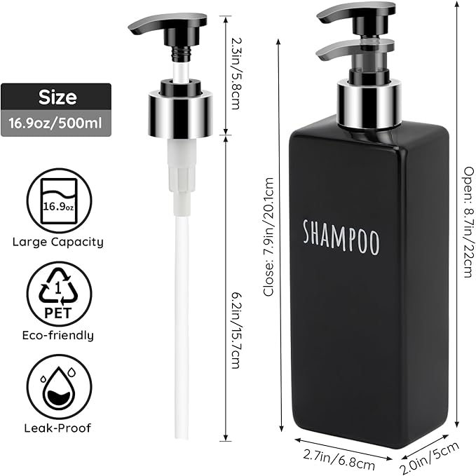 Segbeauty 6 Pack Reusable Shampoo and Conditioner Dispenser, 16.9oz 500ml Black Plastic Soap Dispenser for Bathroom and Kitchen