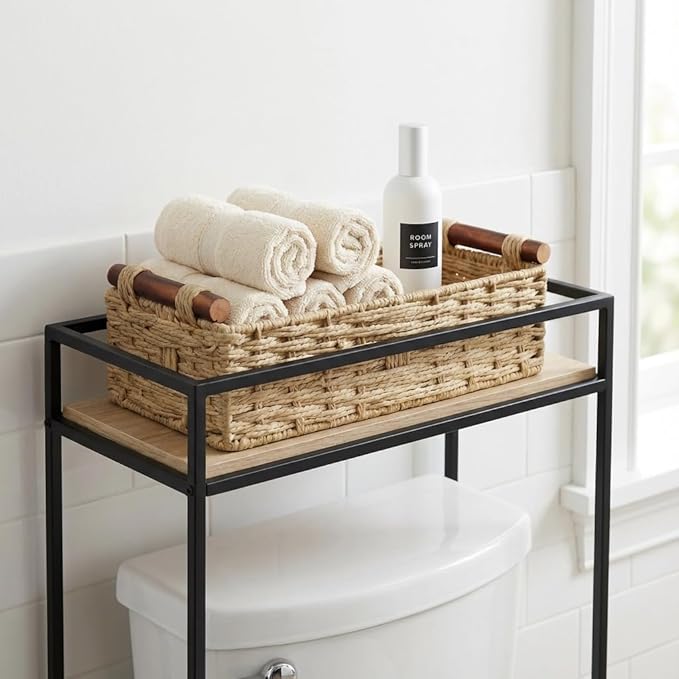 Back of Toilet Basket, Khaki Wicker Toilet Tank Basket for Toilet Paper Storage, Basket for Toilet Tank Top, Neutral Bathroom Organizer for Wipes & Essentials