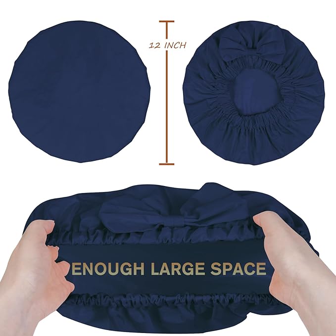Reusable Shower Cap for Women with Stylish Bow, Non-Slip Waterproof Anti Humidity Bathing Cap, Roomy Anti Frizz for Short Medium Straight Wavy Hair, Soft Elastic & Machine Washable, Navy Blue