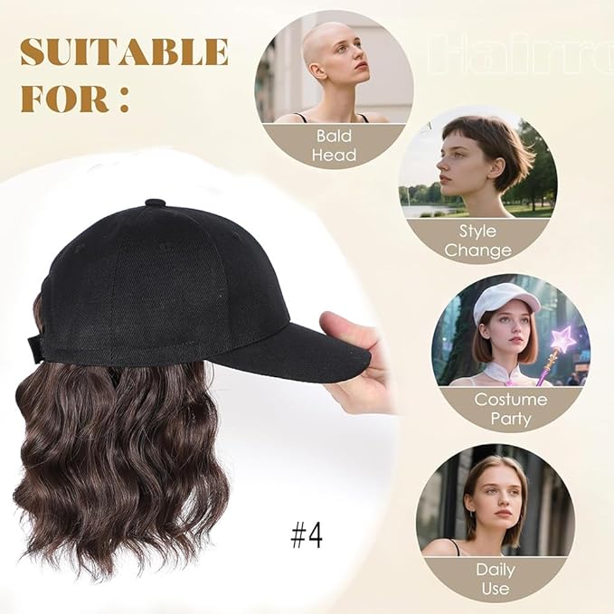 GUOJIAN Hat Wigs for Women 6' Short Wave Baseball Cap Wigs with Curly Hair Extensions Synthetic Wave Wig Adjustable Hat with Hair Attached for Daily Use (#4, 6inch)