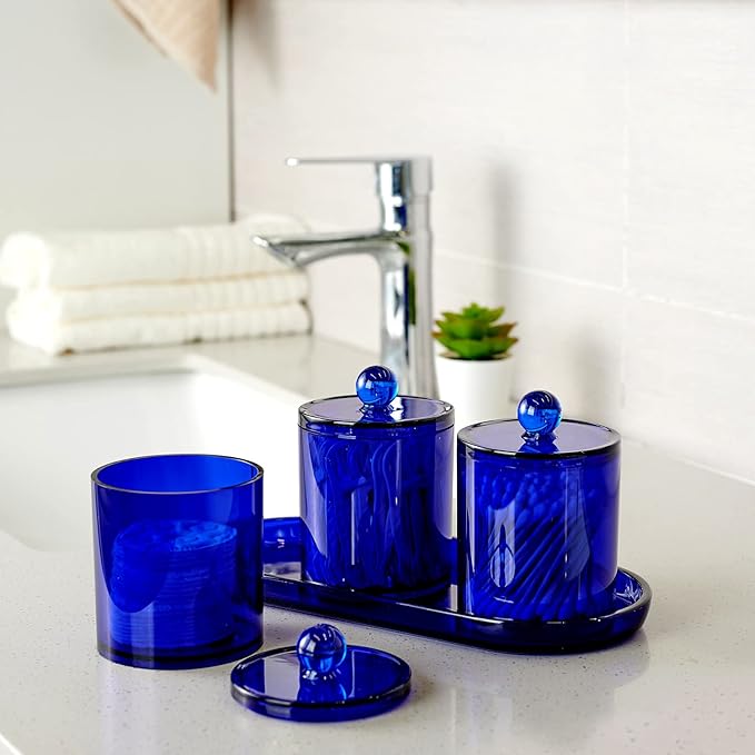 SheeChung 6-Pack Blue Acrylic Apothecary Jars - (3) 12oz & (3) 10oz Qtip Holder Set with Labels - Shatterproof Bathroom Vanity Organizer for Cotton Swabs, Balls, Pads - Coastal Decor