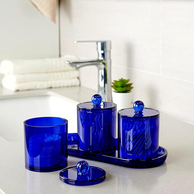 Qtip Holder Bathroom Set with Tray(4PCS) - 3 Pack Acrylic Plastic Apothecary Jars Qtip Dispenser Canister with Lid and Labels, 1 Pack Bathroom Vanity Tray, for Cotton Ball, Cotton Swab (Blue)