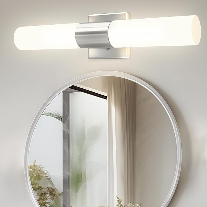 Bathroom Wall Sconces Set of Two, 21 Inch Modern Vanity Lights with Frosted Glass Shade, Bathrooms Vanity Lighting Fixtures for Mirror Bedroom Living Room Hallway (Silver)