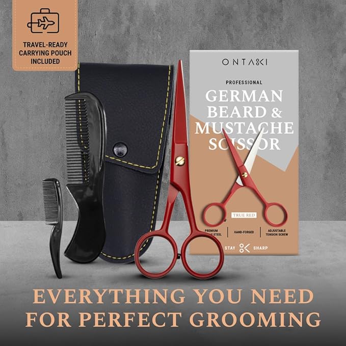 Ontaki Beard & Mustache Scissors for Men - 5inch, True Red - 410C German Steel Durable, Ergonomic Design Travel Friendly Facial Hair Scissors - Beard Grooming Kit 2 Combs & Case Perfect for Styling