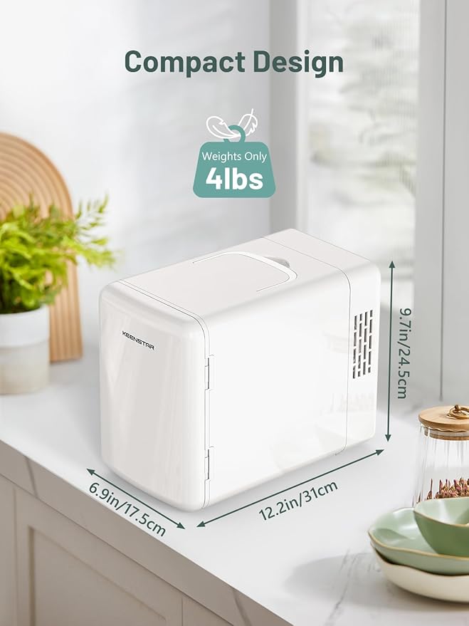 KEENSTAR Mini Fridge, 6 Liter/8 Can Small Fridge, 110V AC/ 12V DC Cooler and Warmer for Bedroom, Cosmetics, Office, Dorm and Car, Portable Personal Refrigerator for Cosmetics, Skincare and Food