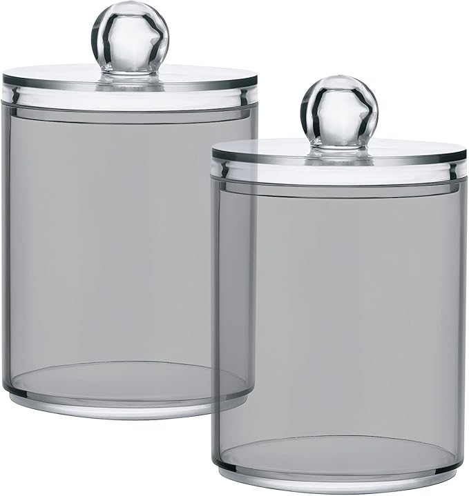 Grey Qtip Holder Organizer Dispenser Cotton Swabs Cans Plastic Jars with Lid Set 4 Pack Bathroom Storage Canister for Cotton Ball Floss Cotton Pads