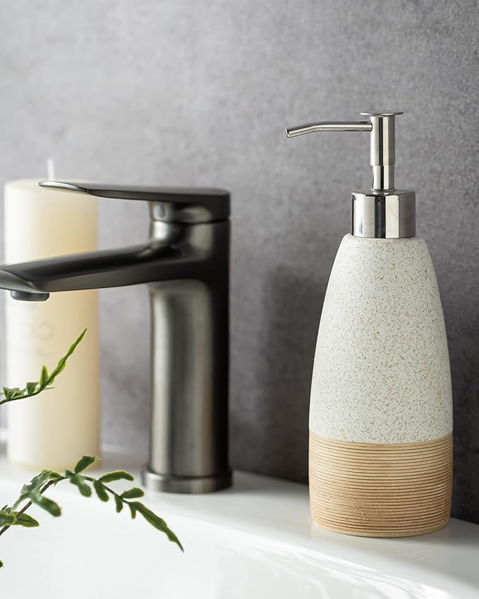 12oz Dish Soap Dispenser with 2 Pumps for Hand Soap, Shampoo, Lotion, Conditioner, Ceramic Refillable Soap Bottle with Silicone Funnel for Easter Bathroom, Kitchen, Speckled White